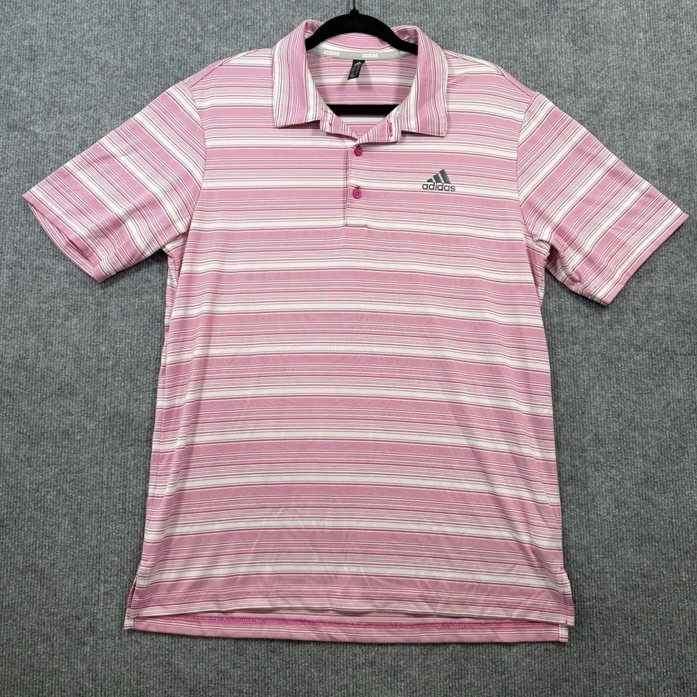 Adidas Golf Polo Shirt Mens Medium Pink White Striped Climalite Performance - Picture 2 of 7